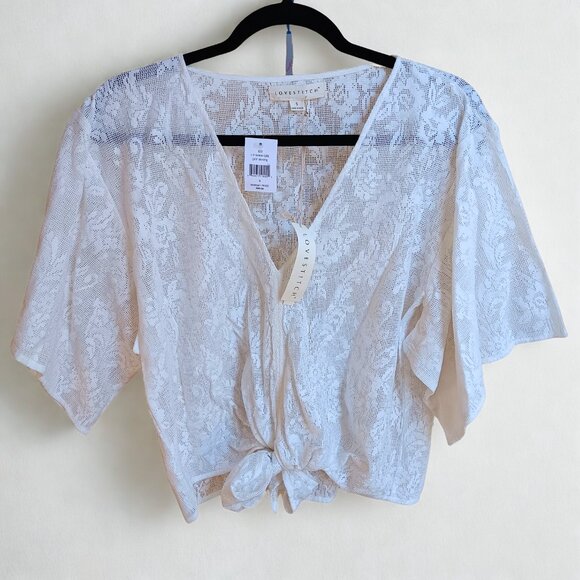 Lovestitch Tie Front Relaxed Fit Lace Crop Top Flowy Sleeves Sheer Layers - Picture 1 of 16